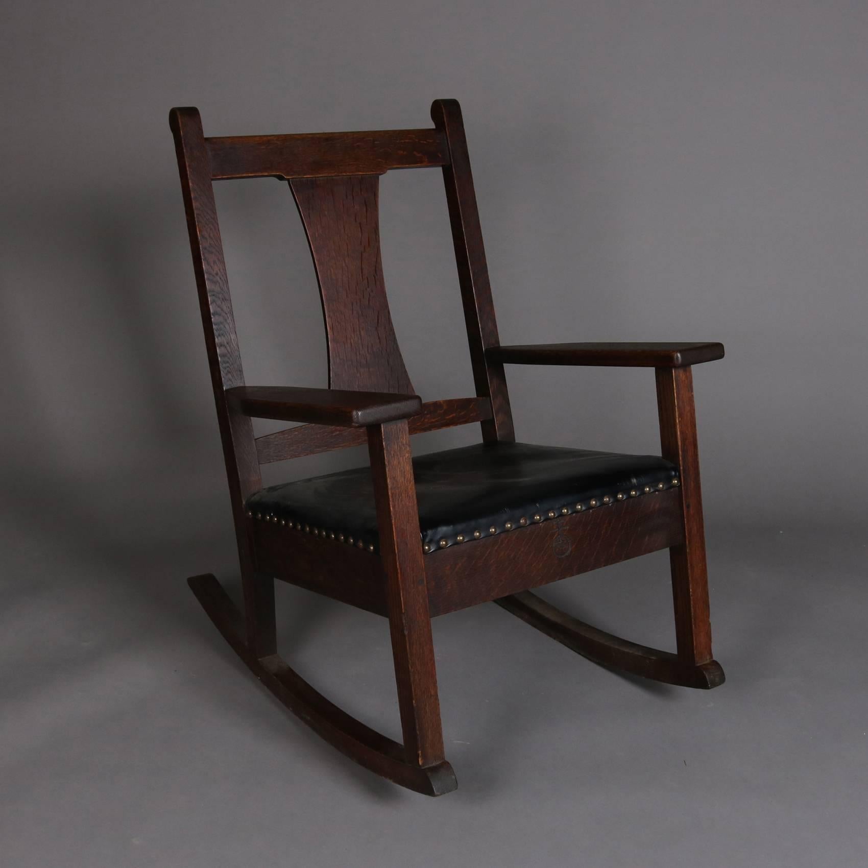 Antique Arts & Crafts Mission Oak Rocking Chair by Roycroft, Signed 2