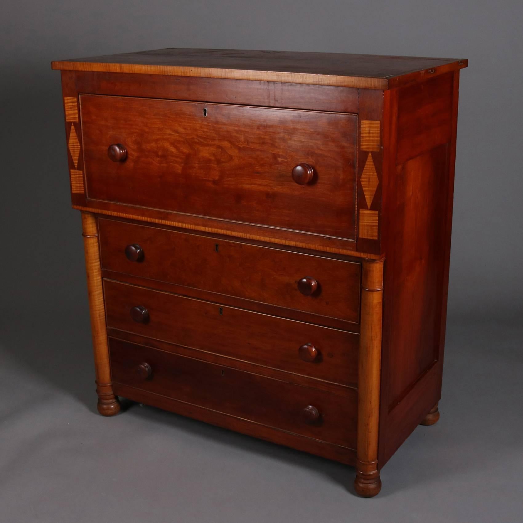 American Classical Empire Tiger Maple Two-Tone Inlaid Drop Front Butlers Desk