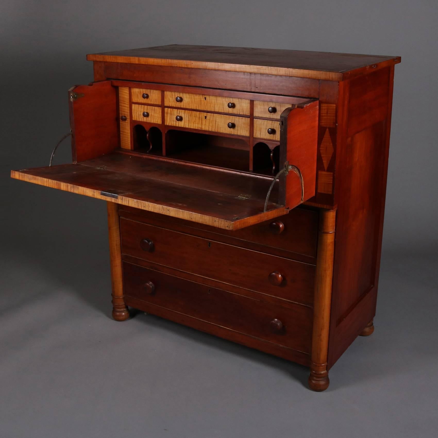 American Empire Classical Empire Tiger Maple Two-Tone Inlaid Drop Front Butlers Desk