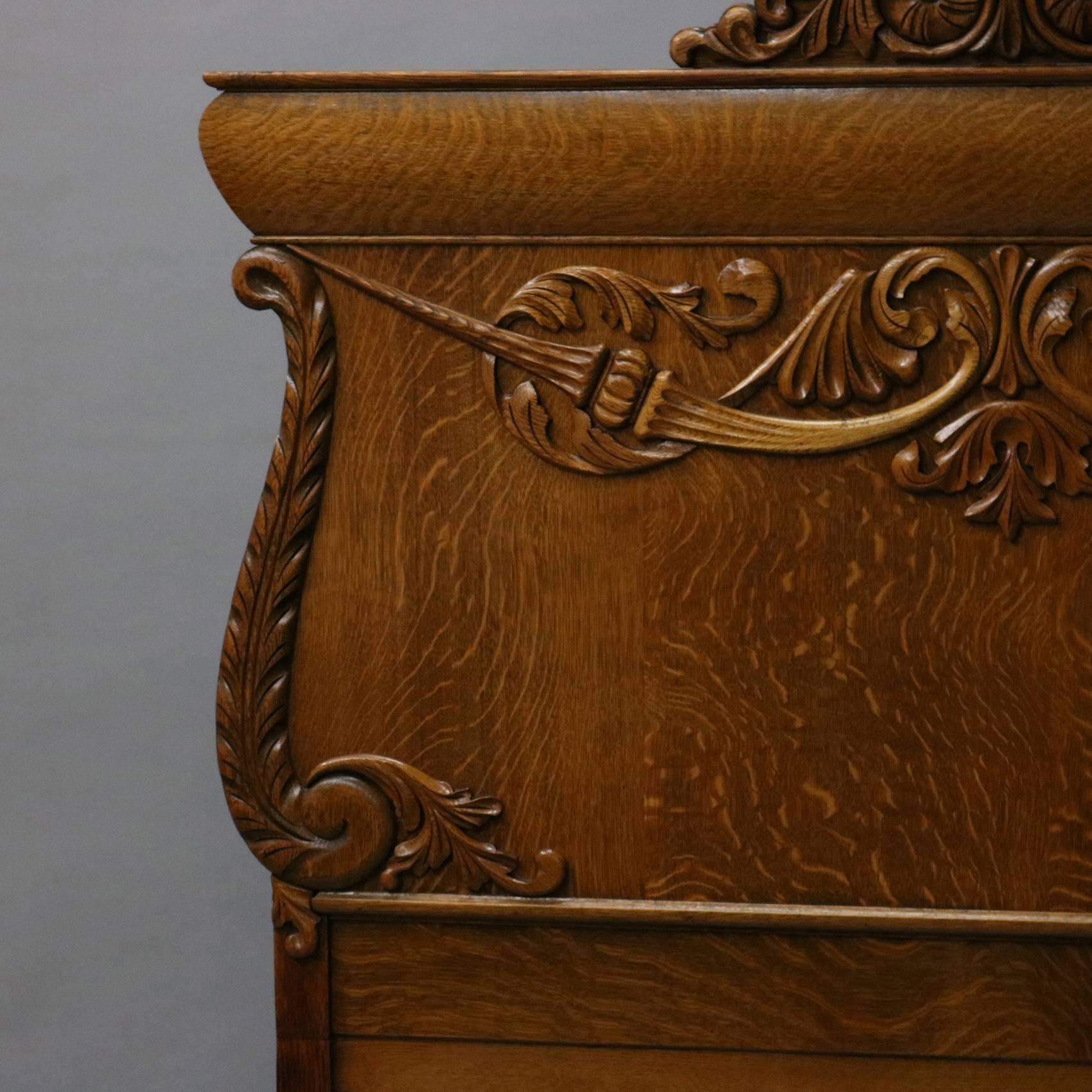 Antique Acanthus Carved Quarter Sawn Oak Double Bed Frame, 19th Century In Good Condition In Big Flats, NY