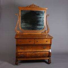 Antique Carved Quarter Sawn Oak Mirrored Dresser, Acanthus and Paw Feet