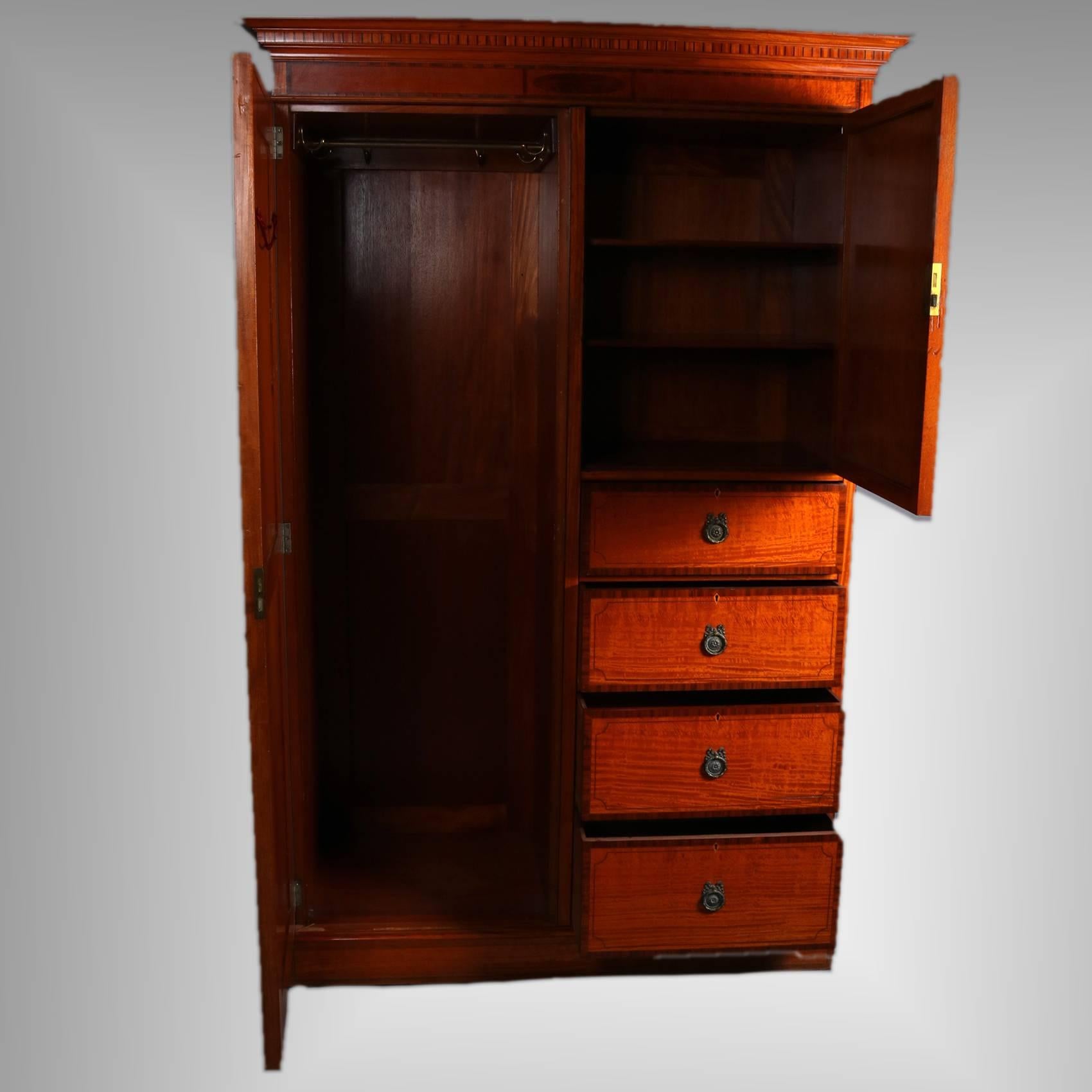 19th Century Antique English Edwardian Inlaid and Banded Satinwood Mirrored Chifforobe