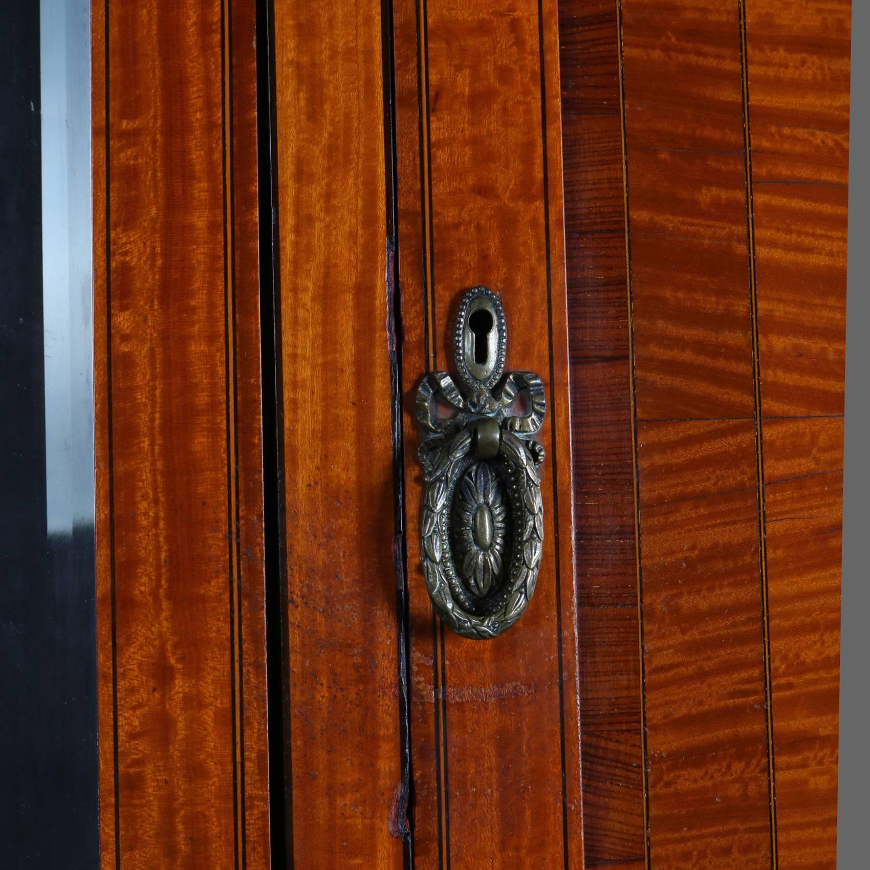 Ebonized Antique English Edwardian Inlaid and Banded Satinwood Mirrored Chifforobe