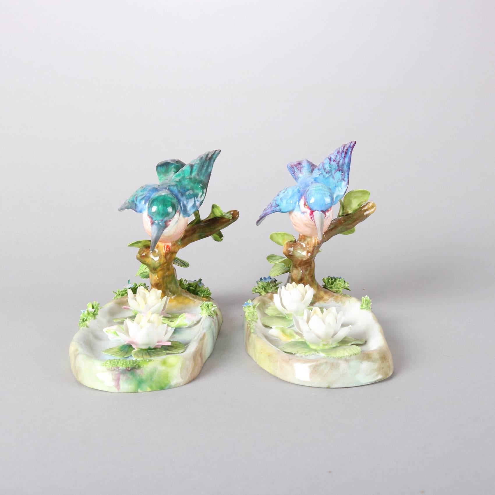 Hand-Painted Pair of Antique English Staffordshire Porcelain J. T. Jones King Fishers