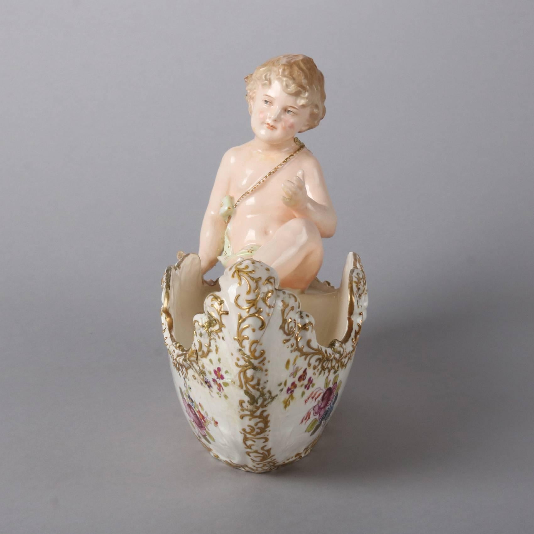 Antique German Meissen School Figural Gilt Porcelain Canoe and Boy Bowl In Good Condition In Big Flats, NY