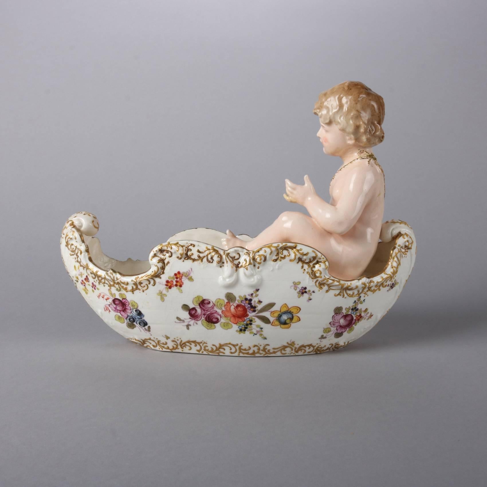 19th Century Antique German Meissen School Figural Gilt Porcelain Canoe and Boy Bowl