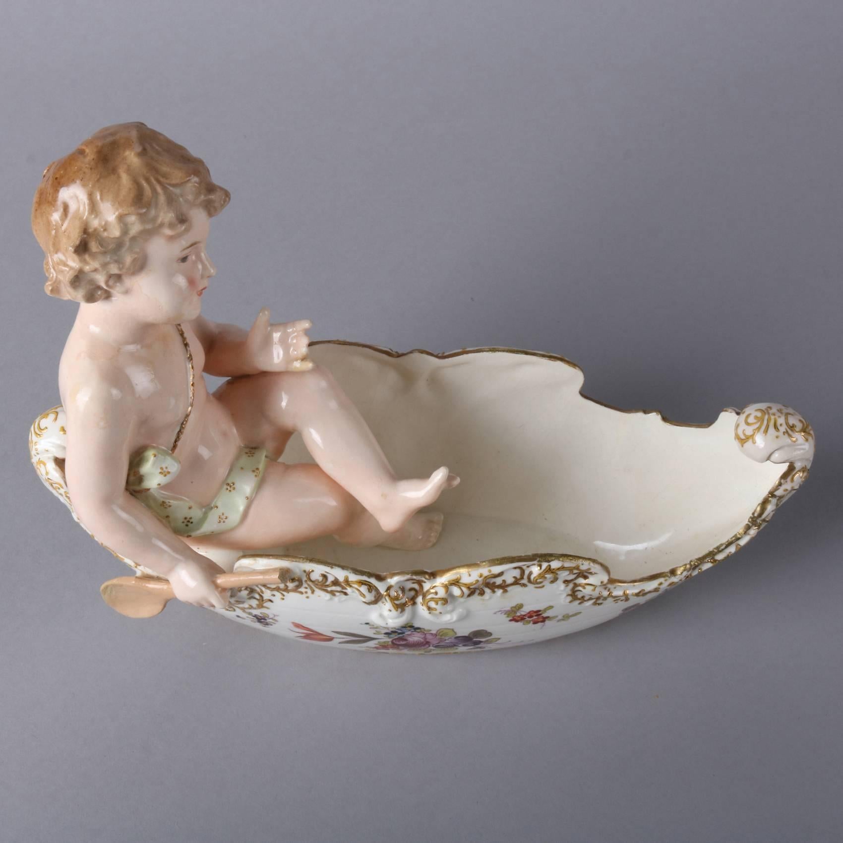 Antique German Meissen School Figural Gilt Porcelain Canoe and Boy Bowl 3