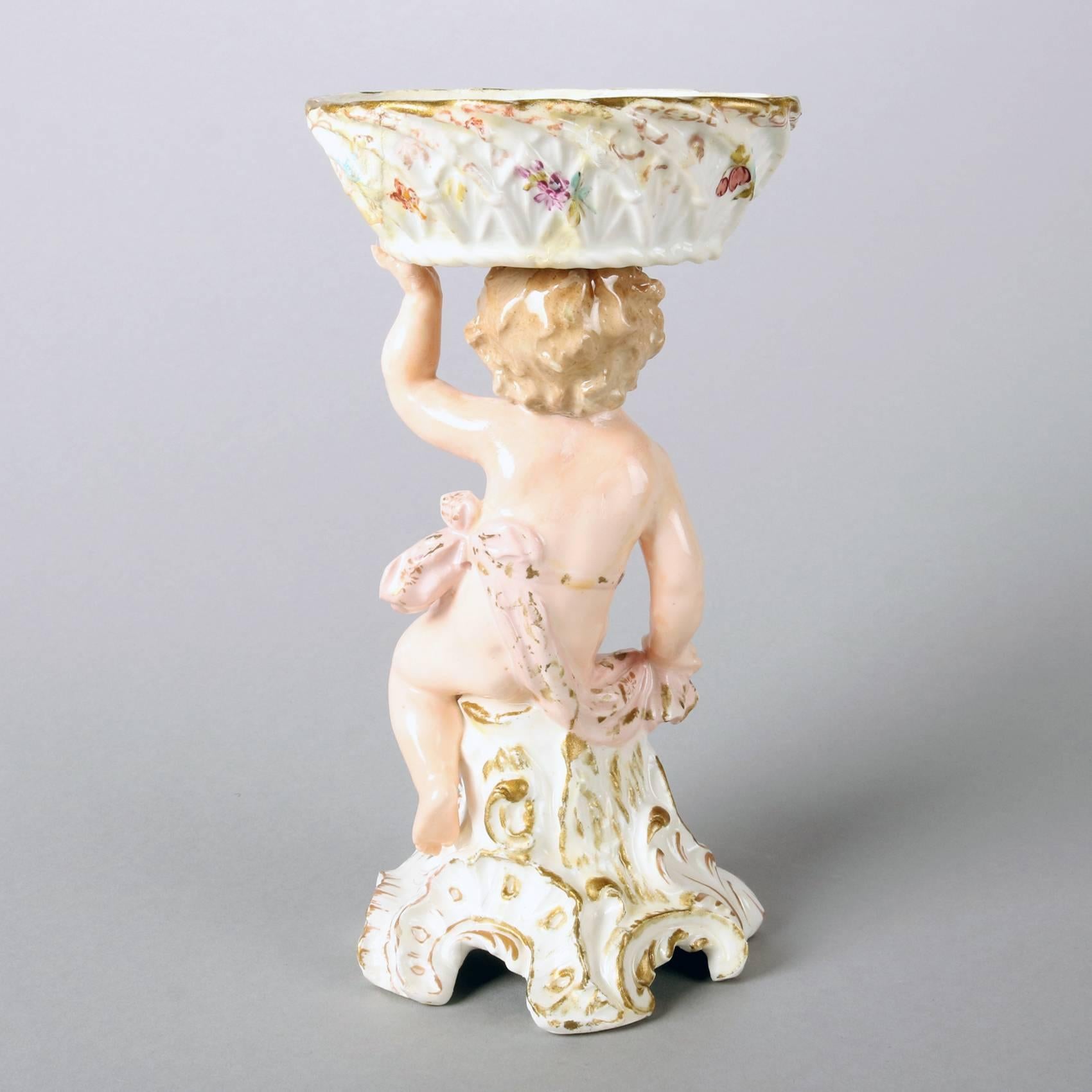Antique German Meissen School Hand-Painted and Gilt Porcelain Cherub Compote  In Good Condition In Big Flats, NY