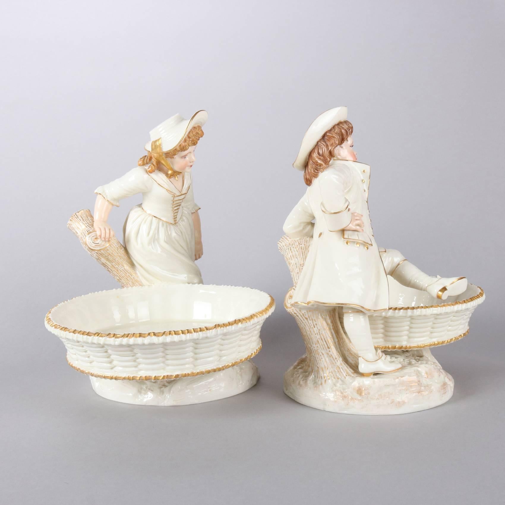 Porcelain Pair of English Royal Worcester Figural Gilt Bon Bon Dishes by James Hadley