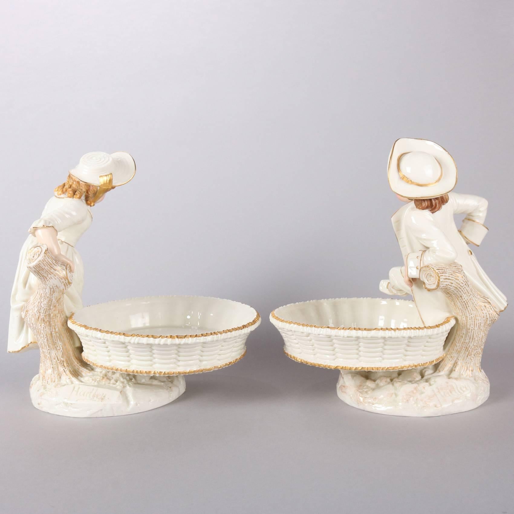 Pair of English Royal Worcester Figural Gilt Bon Bon Dishes by James Hadley 1
