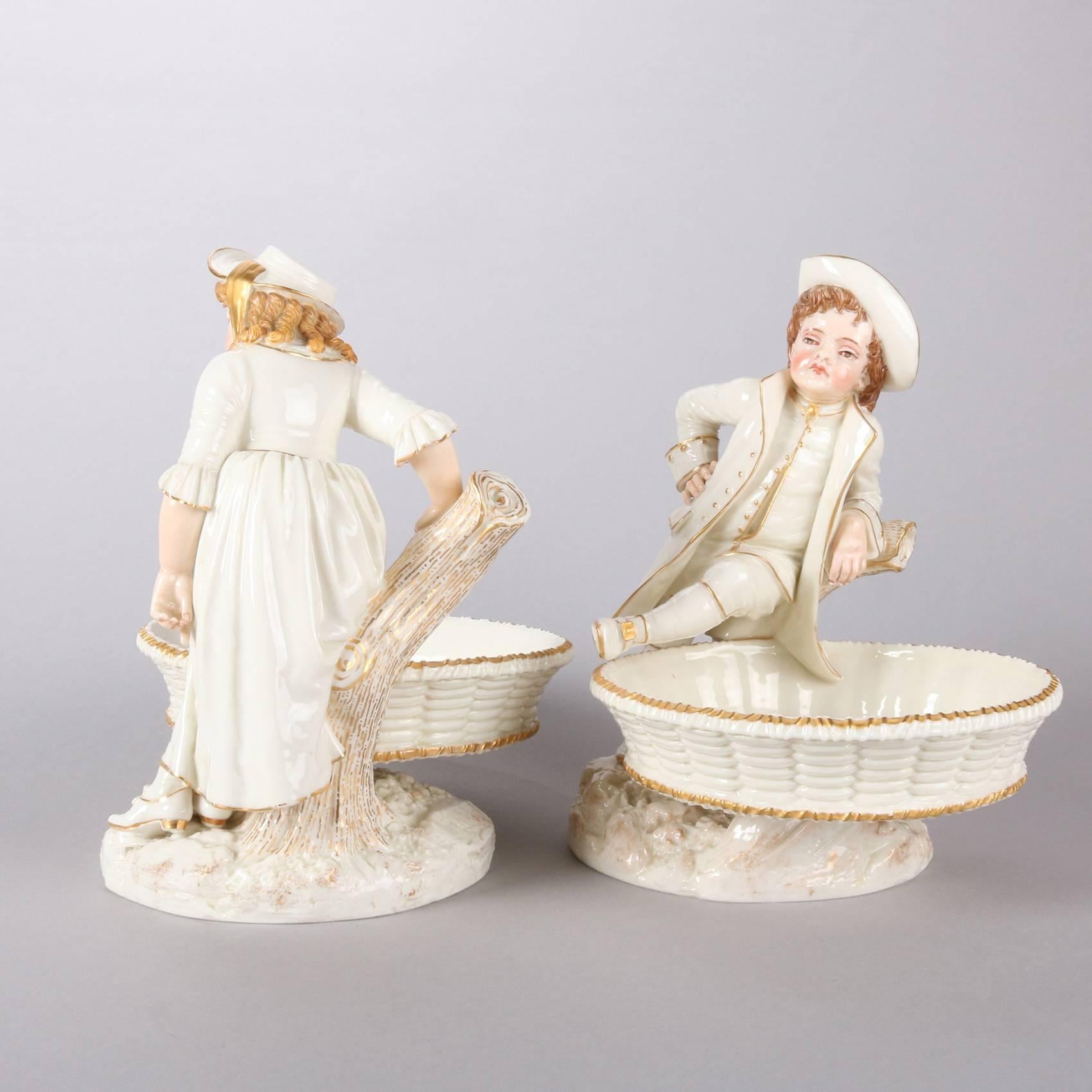Pair of English Royal Worcester Figural Gilt Bon Bon Dishes by James Hadley 2
