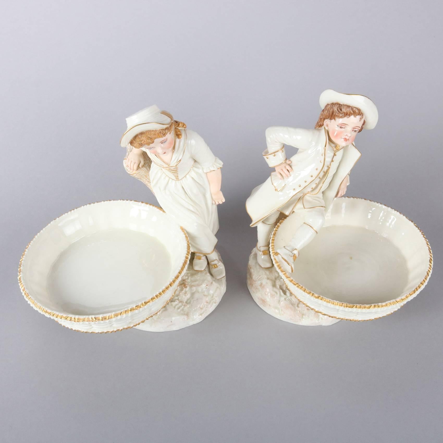 19th Century Pair of English Royal Worcester Figural Gilt Bon Bon Dishes by James Hadley