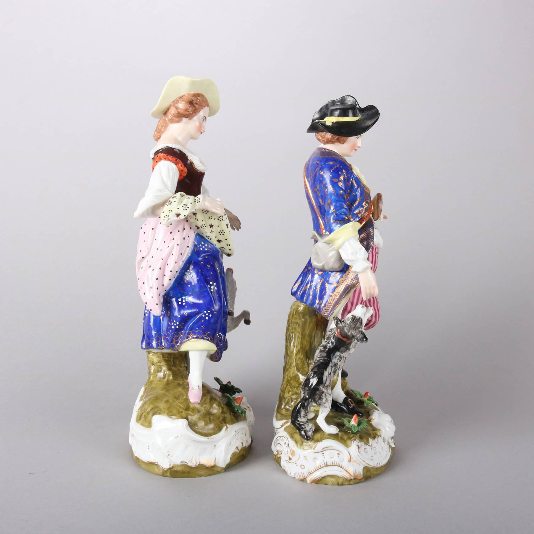 Pair of antique German Dresden Helena Wolfsohn hand-painted and gilt porcelain figurines depict courting couple with their dog and lamb, Helena Wolfsohn D Crown mark as photographed, 19th century

Measure: 11" H x 5" W x 4" D.