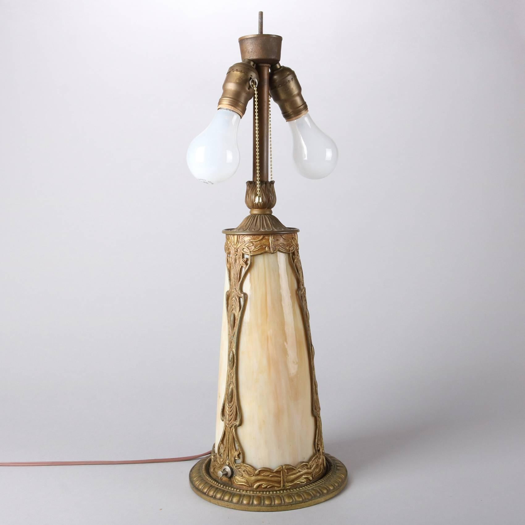 Bronzed Antique Miller School Arts & Crafts Slag Glass Lamp Filigree Shade, Lighted Base