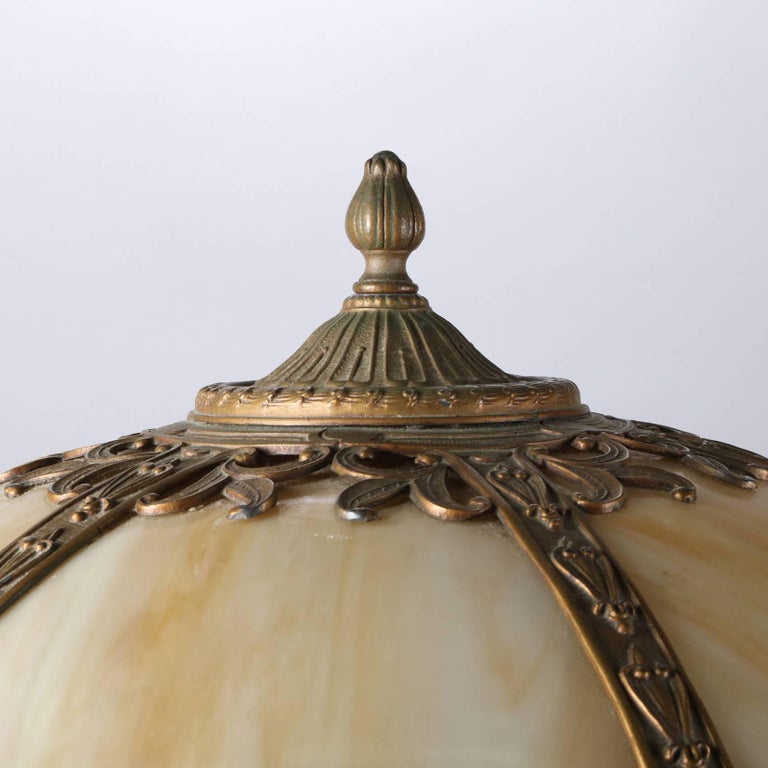 Antique Miller School Arts and Crafts Slag Glass Lamp Filigree Shade