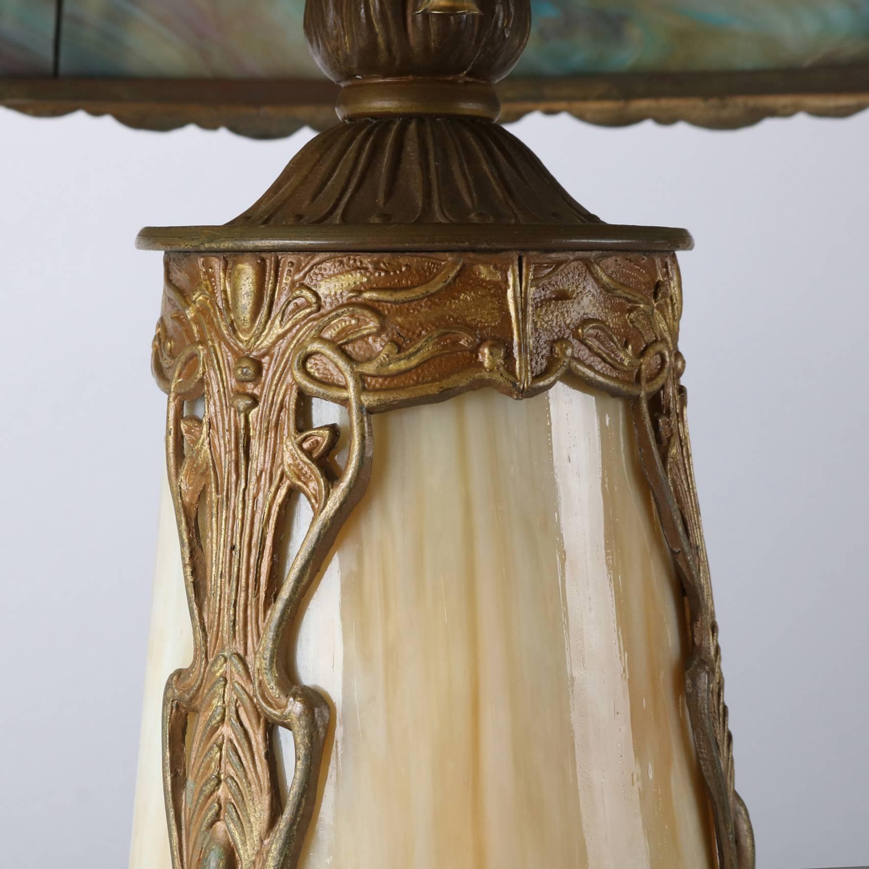 American Antique Miller School Arts & Crafts Slag Glass Lamp Filigree Shade, Lighted Base