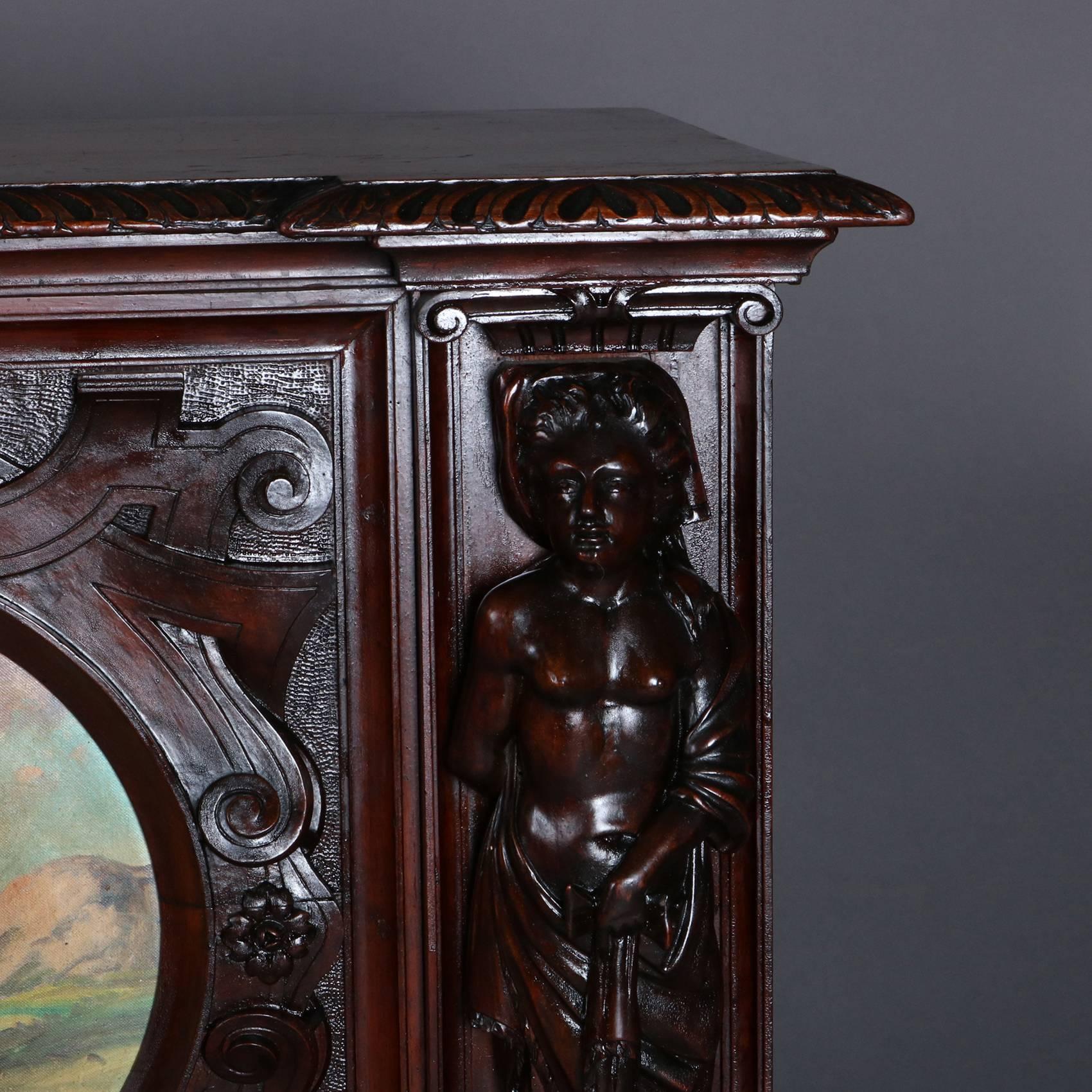 Hand-Carved Oversized Antique Walnut Figural Renaissance Revival Hand-Painted Cassone
