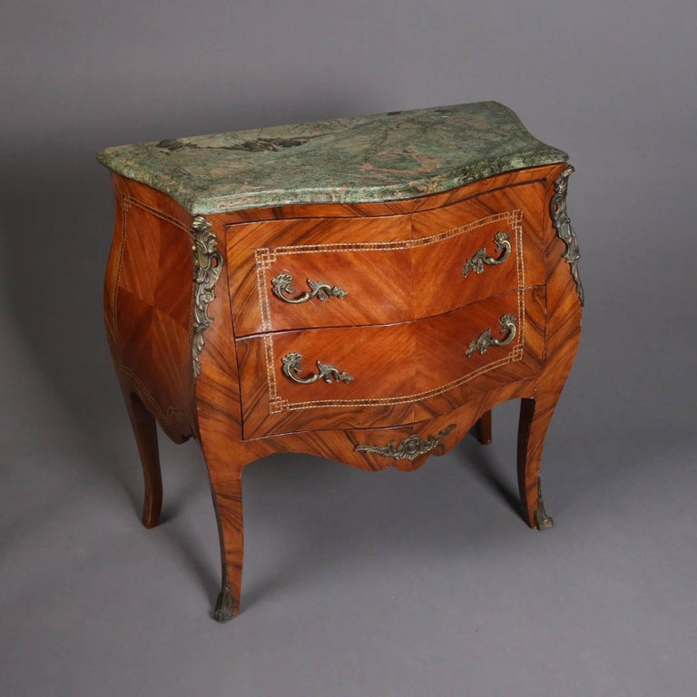 Antique French Louis XIV Kingwood and Ormolu Marble Top Banded Bombe