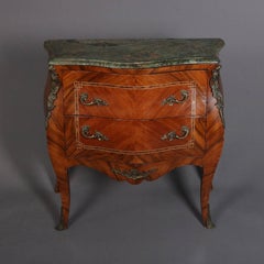 Antique French Louis XIV Kingwood and Ormolu Marble Top Banded Bombe Chest