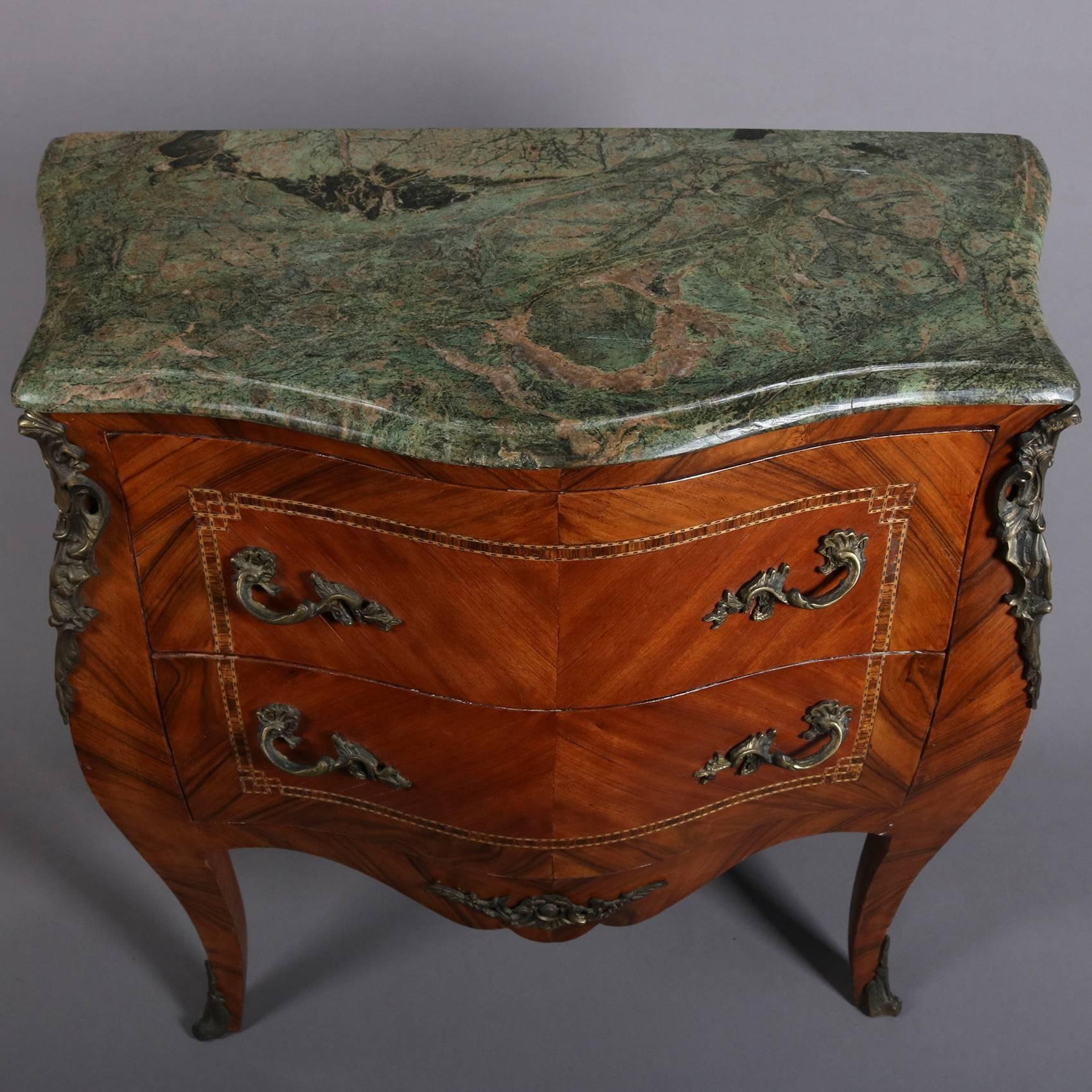 Ebonized Antique French Louis XIV Kingwood and Ormolu Marble Top Banded Bombe Chest