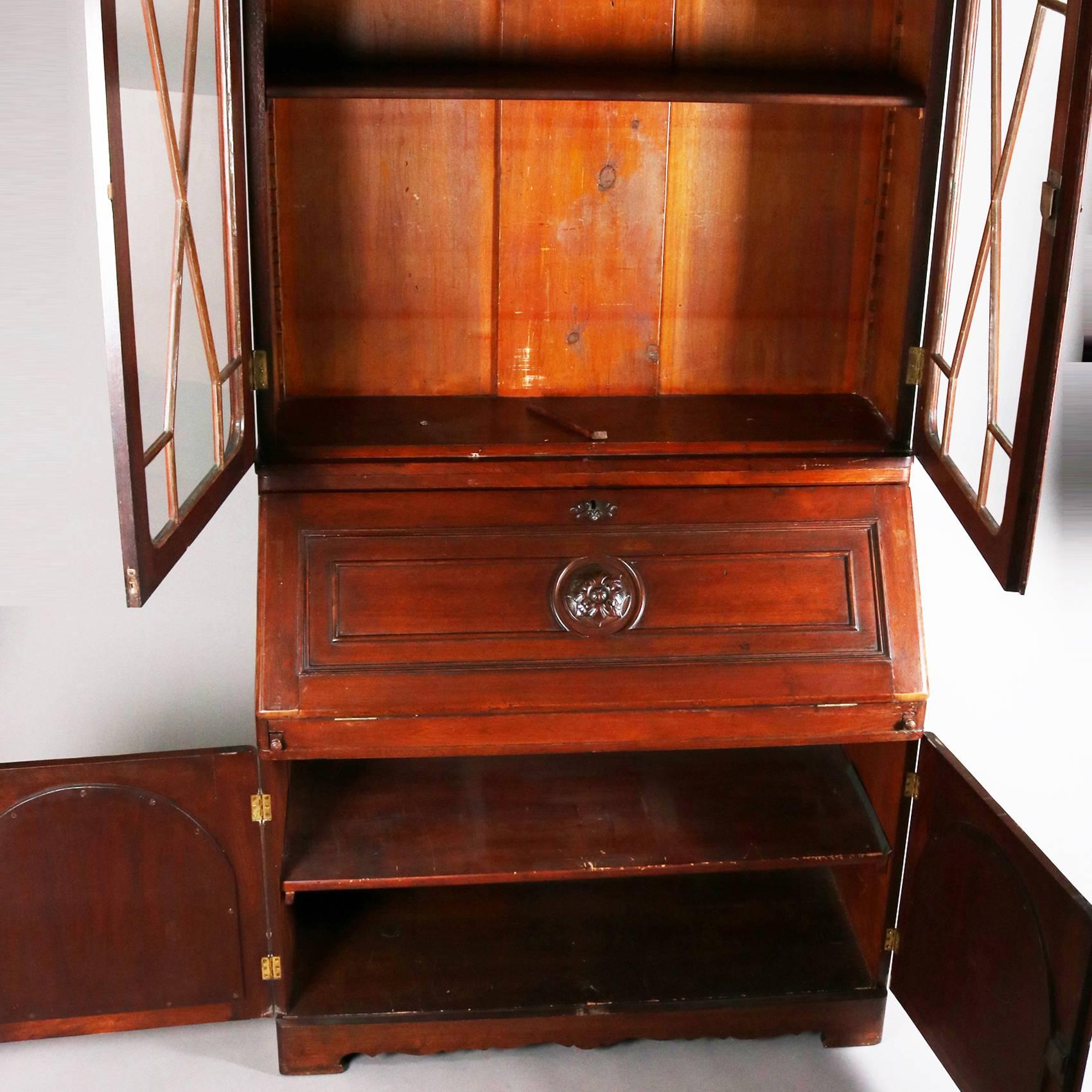 American Antique Victorian Carved Walnut Drop Front Secretary with Upper Bookcase