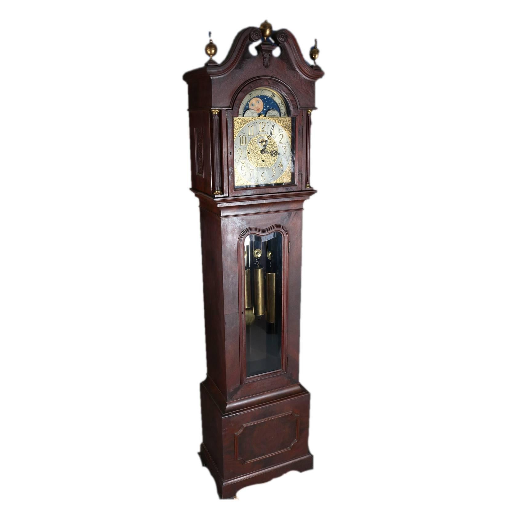 Monumental Antique Durfee & Tiffany Mahogany Moon Phase Tubular Bell Chime Clock In Good Condition In Big Flats, NY