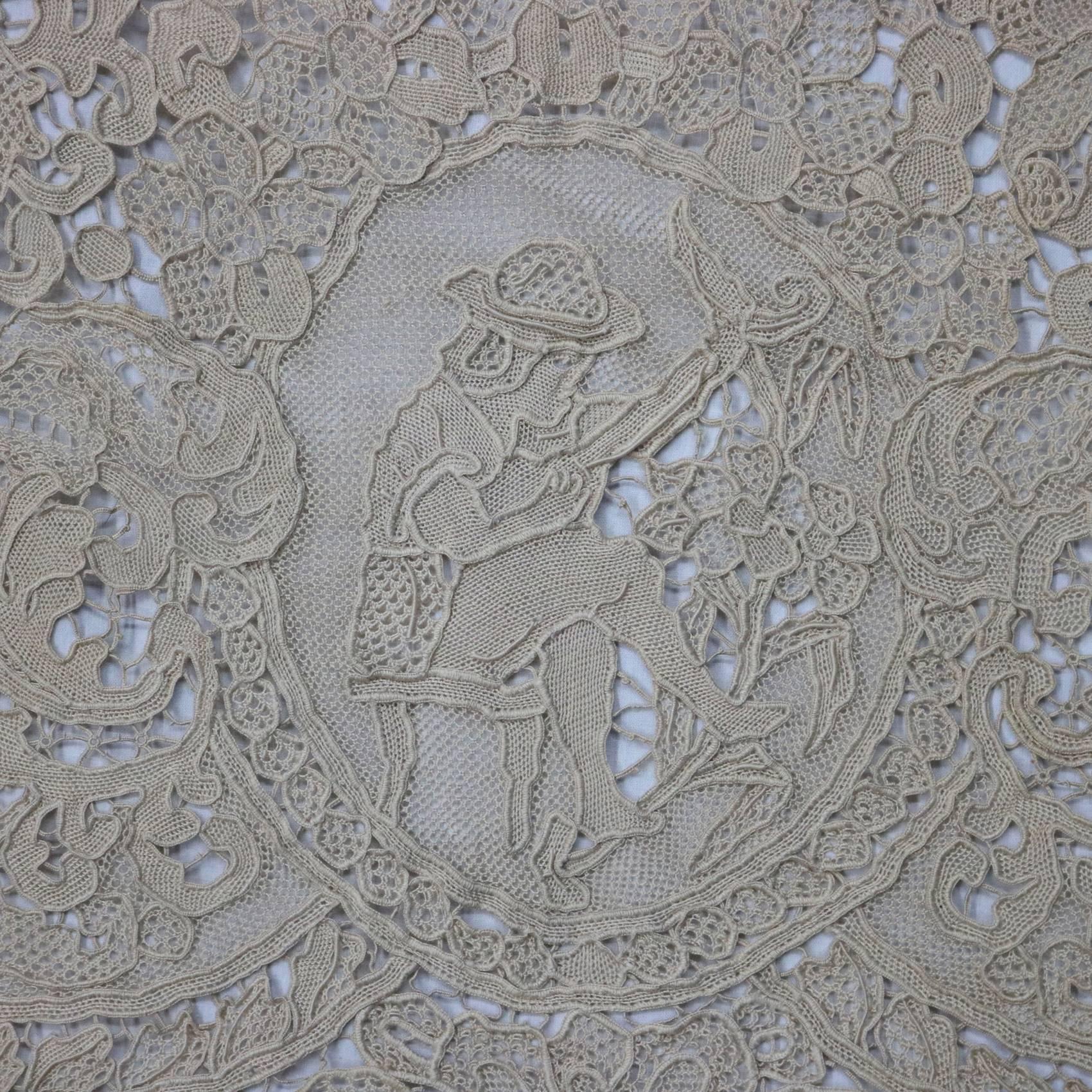 Hand-Crafted Large Antique Handmade Belgian Zele Figural Needle Lace Table Cloth, 19th C
