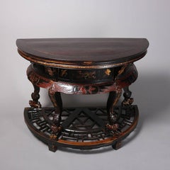 Chinese Vermillion and Black Lacquer Carved Demilune Console Table, 20th Century