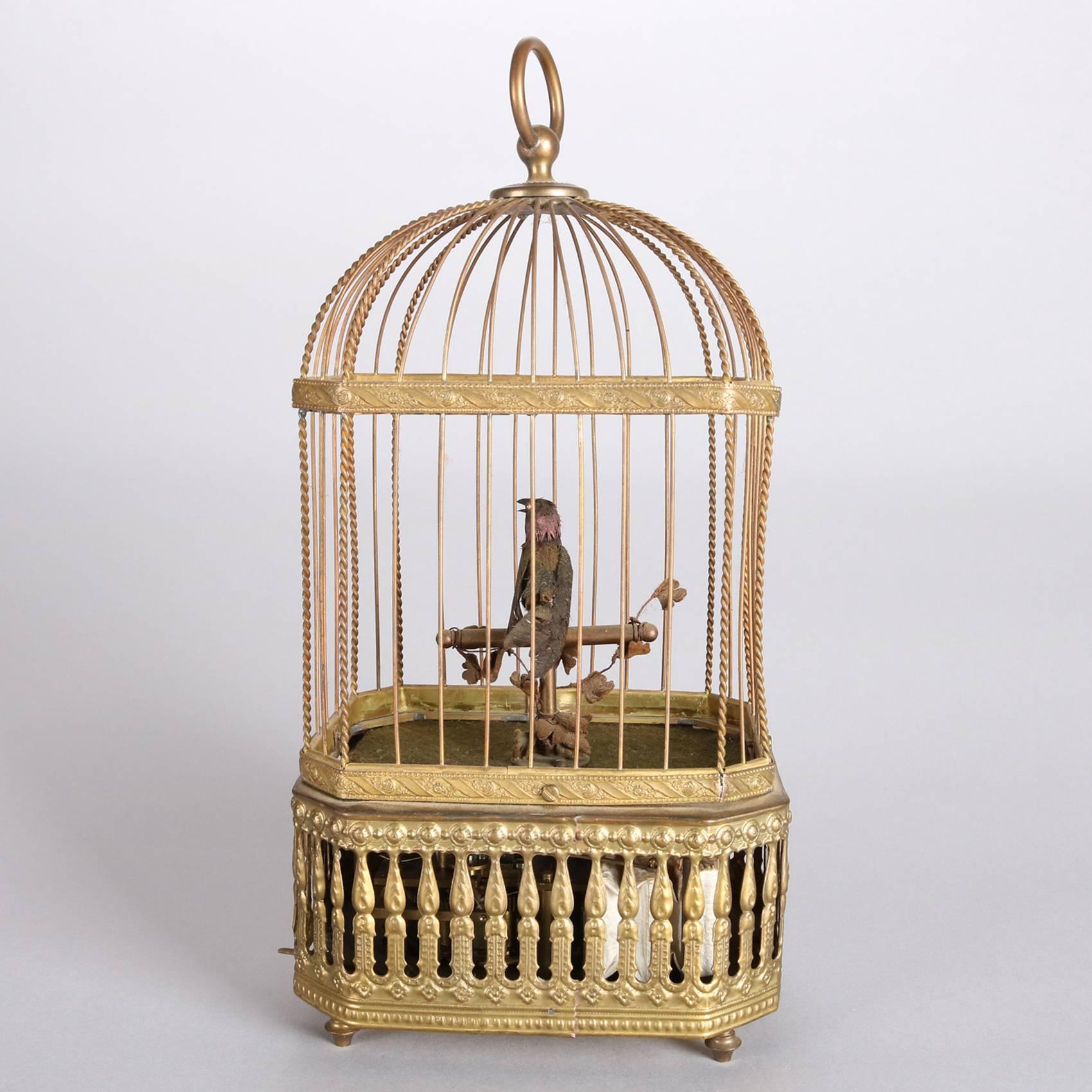 Gilt Vintage German Automaton Singing Bird in Cage, 20th Century