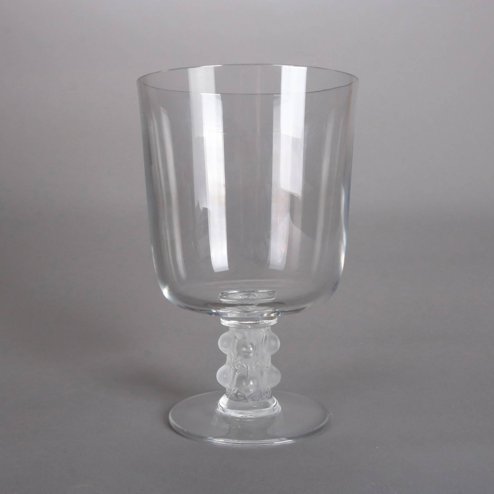 French Lalique crystal art glass chalice features frosted molded stem with clear glass cylindrical bowl, signed 