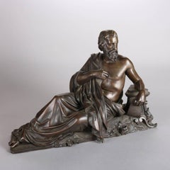 Antique French Figural Bronzed Sculpture of Recumbent Aristotle, 19th Century