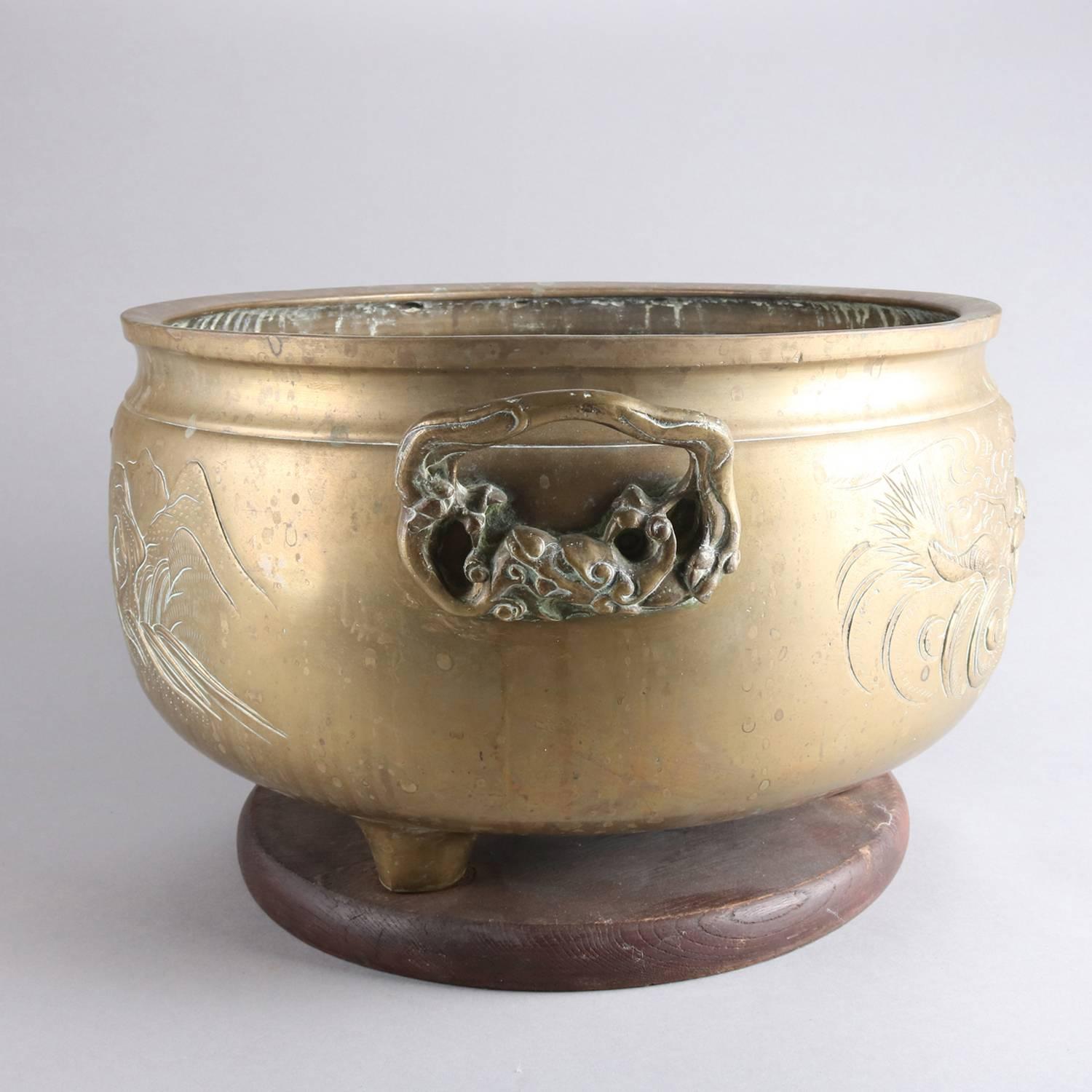 19th Century Large Antique Japanese Meiji Dragon & Tiger Embossed Bronze Ceremonial Cache Pot