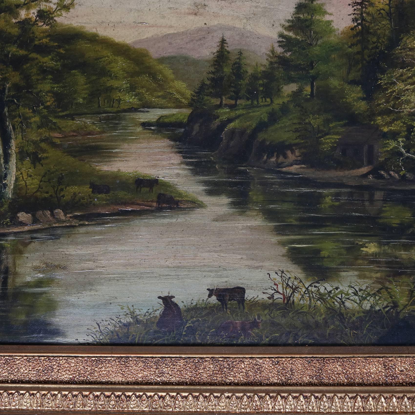 Antique Hudson River School oil-on-canvas landscape painting depicts river scene with cattle, seated in giltwood surround, signed bottom right Lydia Murray 1884, 19th ce

Measures - fr: 28" h x 36.5" w x 2.5" d, los: 18.5" h x