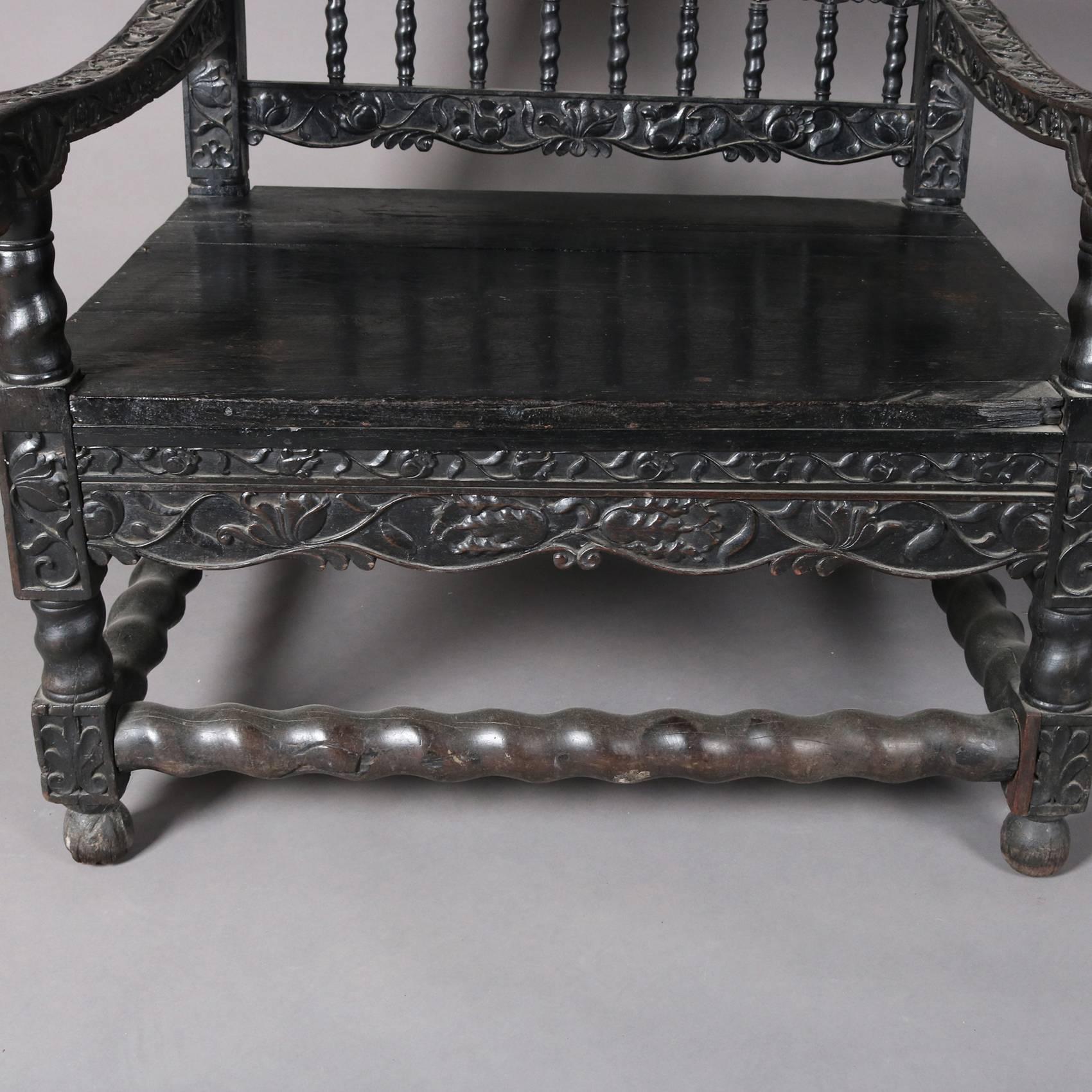 Hardwood Early 18th Century Three-Piece English Baroque Carved and Ebonized Oak Sofa Set