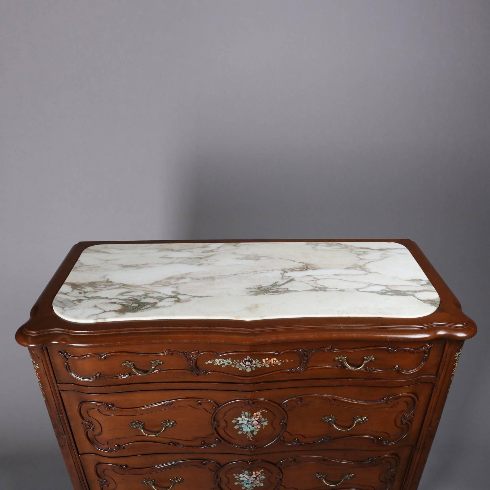 Vintage French Louis XIV Style Hand-Painted Mahogany Marble Top Commode 1