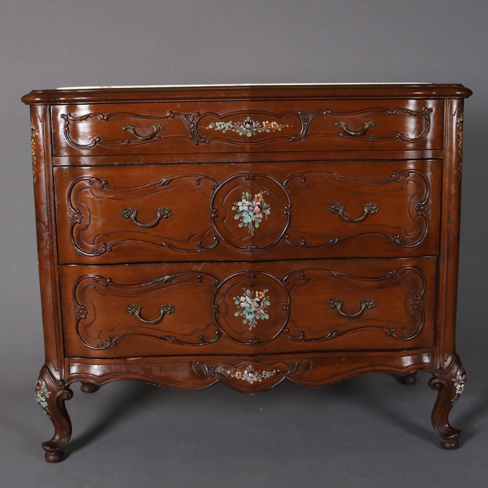 Vintage French Louis XIV style commode features mahogany construction with central hand painted floral reserves, carved scroll and foliate decoration and seated on cabriole legs, inset marble top and cast foliate pulls, 20th century

Measures -