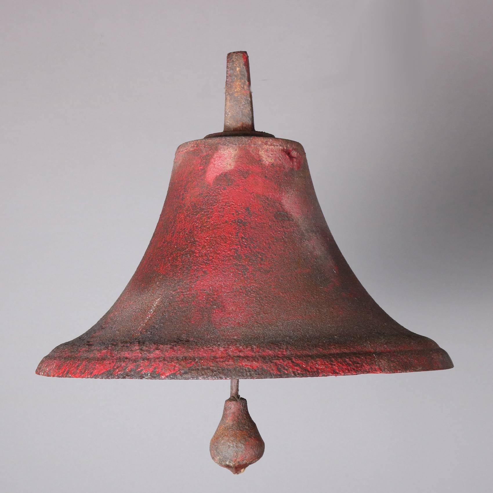 Early primitive antique cast iron school bell features original red paint and is signed on arms B. C. Taylor Dayton, O., includes original gong, industrial, dinner, court house, farm or school, 19th century

Measures - 19"H x 17"diam