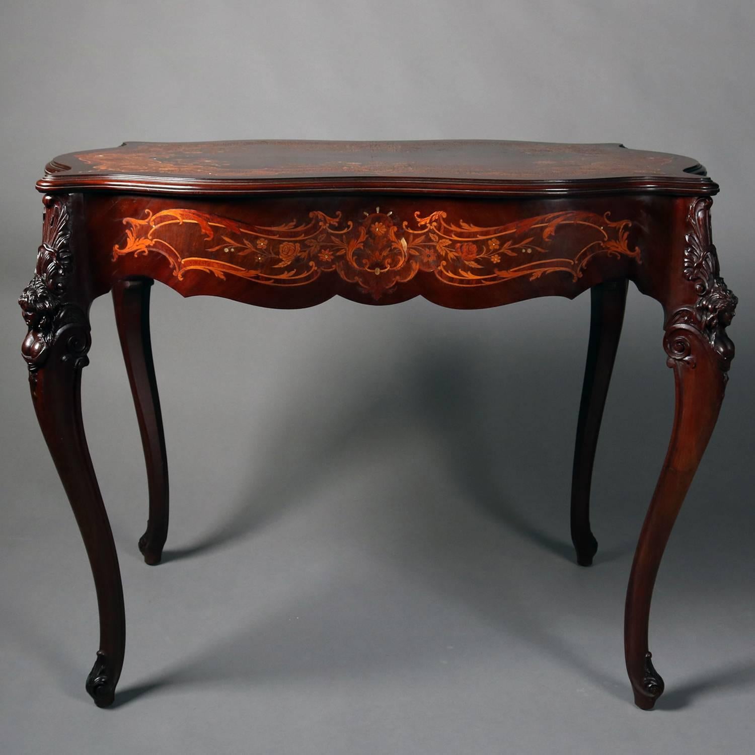19th Century Antique French Louis XV Carved Mahogany Marquetry Inlaid Center Table