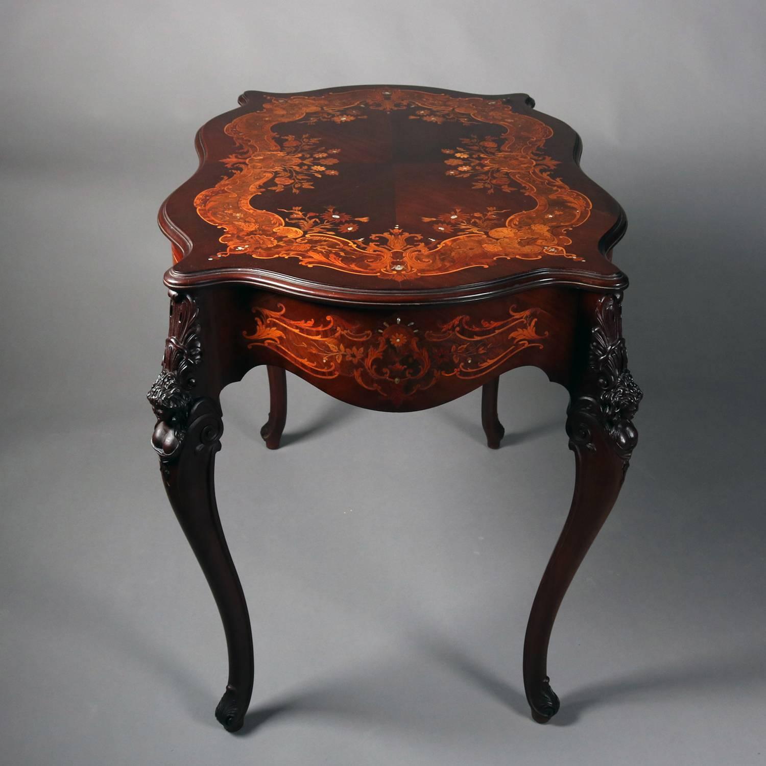 Antique French Louis XV Carved Mahogany Marquetry Inlaid Center Table In Good Condition In Big Flats, NY