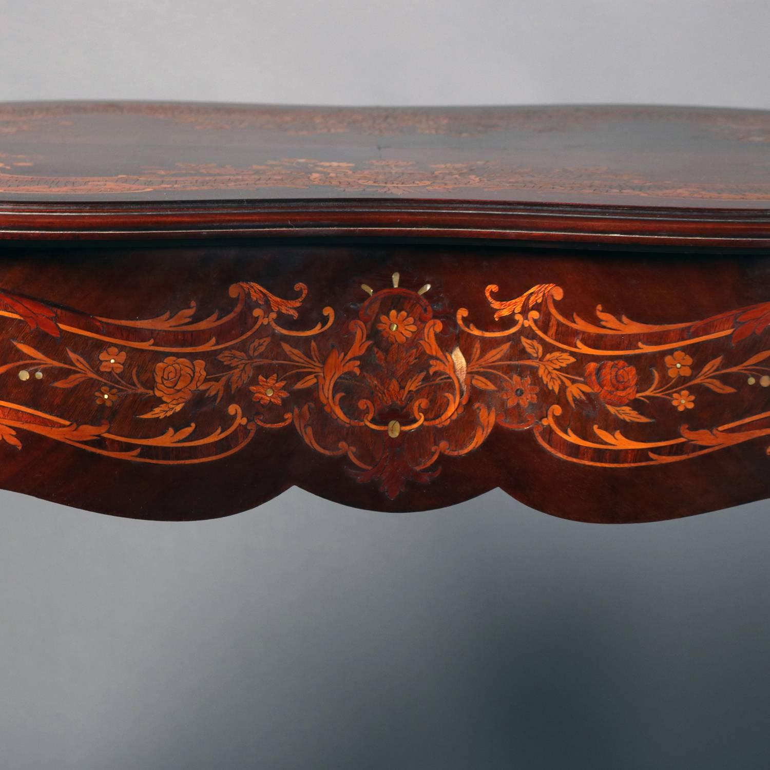 Mother-of-Pearl Antique French Louis XV Carved Mahogany Marquetry Inlaid Center Table