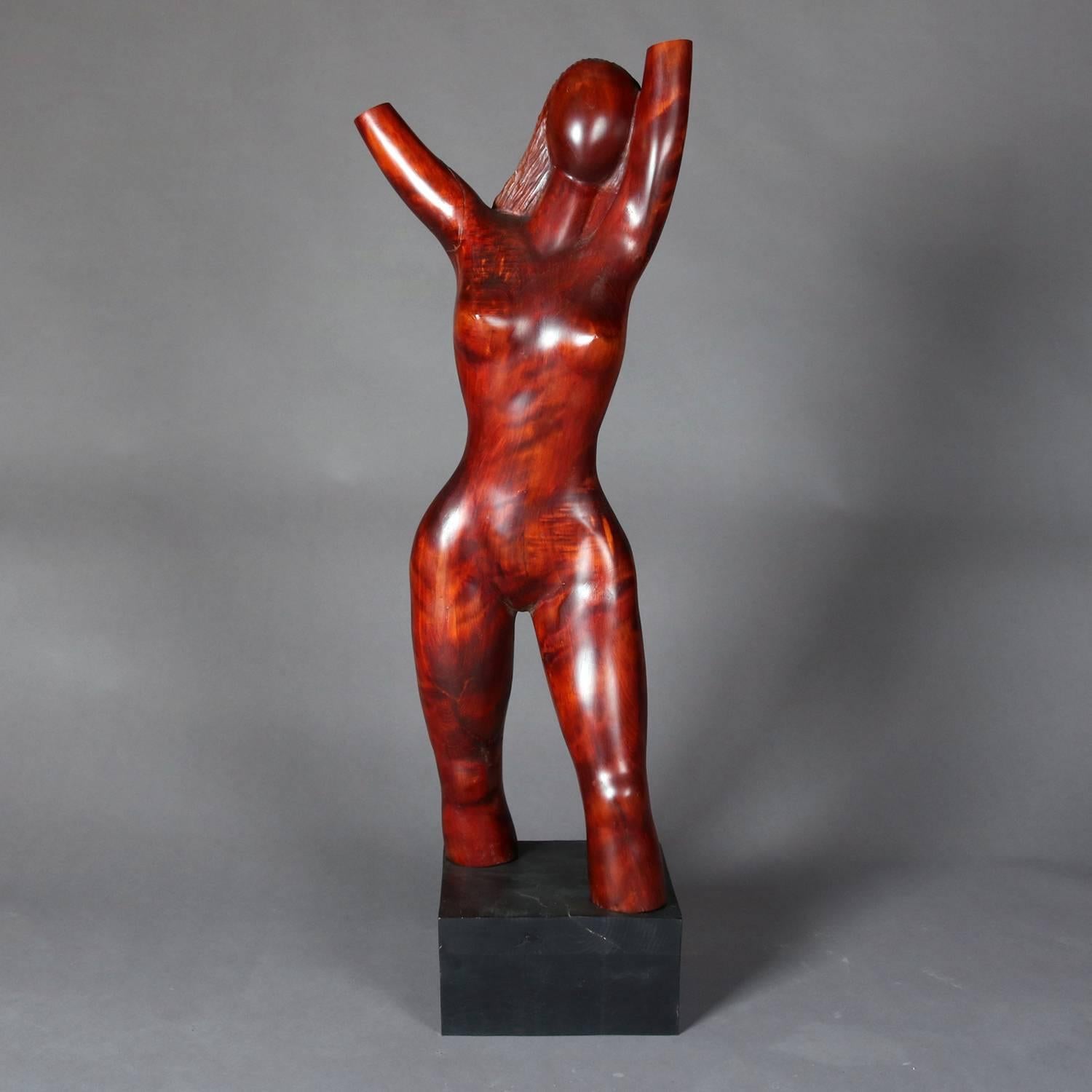 Mid Century Modern figural carved wood sculpture depicts nude female torso on ebonized base, mid 20th century

Measures - 38.5"h x 12"w x 9.5"d