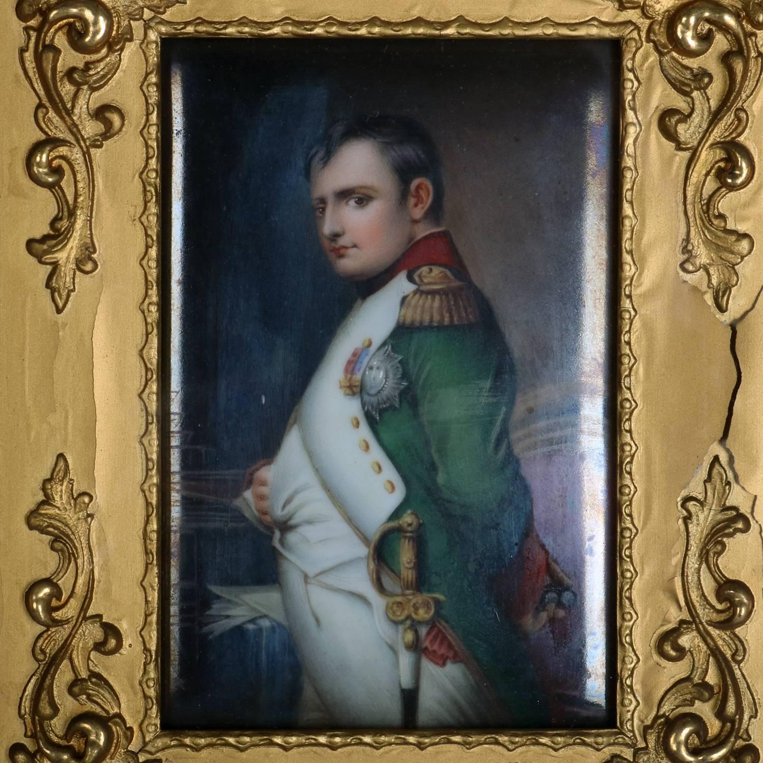 Antique KPM School hand-painted porcelain portrait plaque features Napoleon in full military attire, gilt frame and within shadow box, crown CM mark, 19th century

Measures: Shadow bx: 15