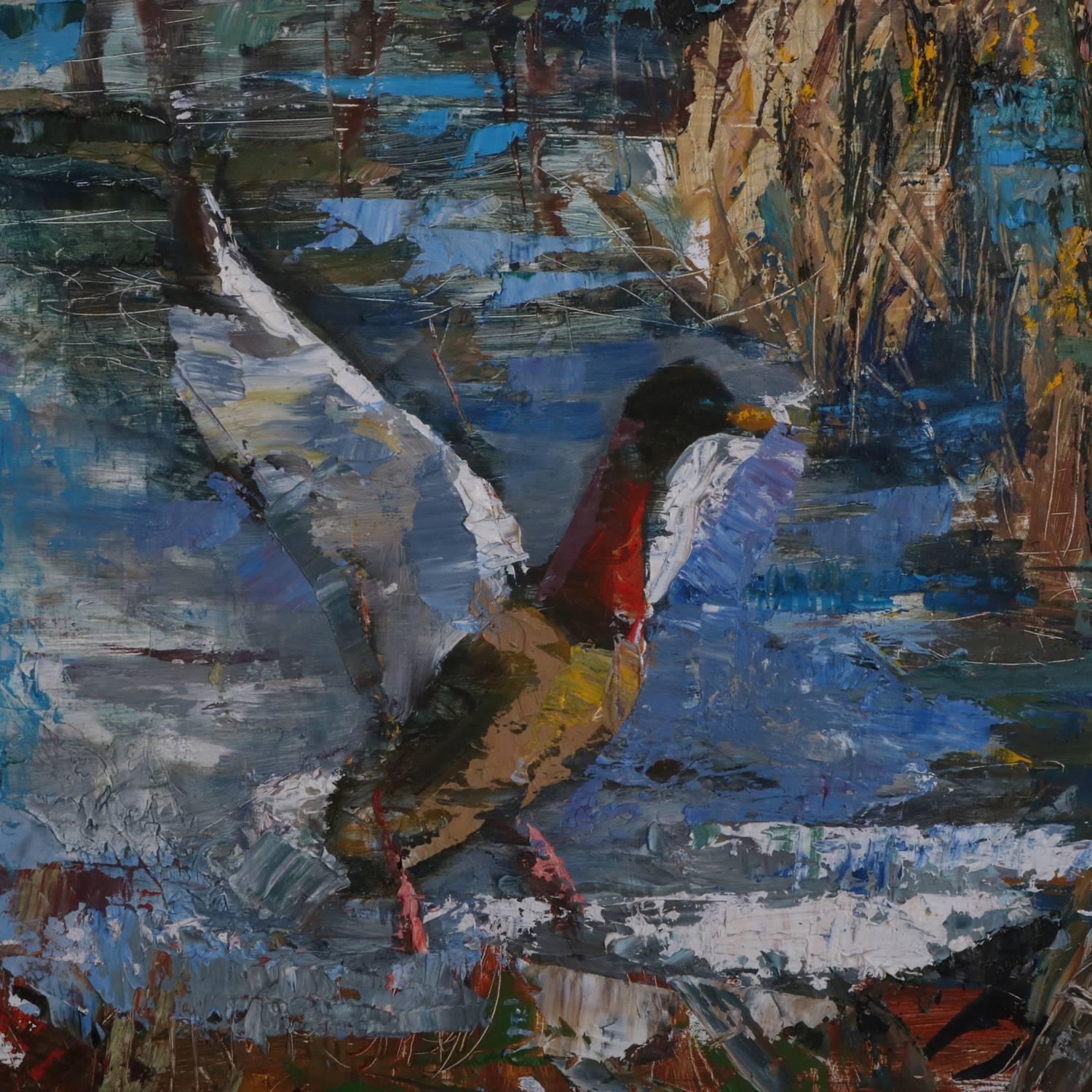 Vintage framed oil on board painting of lake scene with Mallard ducks, both in flight and landing, 20th century

Measures - fr: 25.75" h x 25.75" w x .75" d, los: 23.75" h x 23.75" w