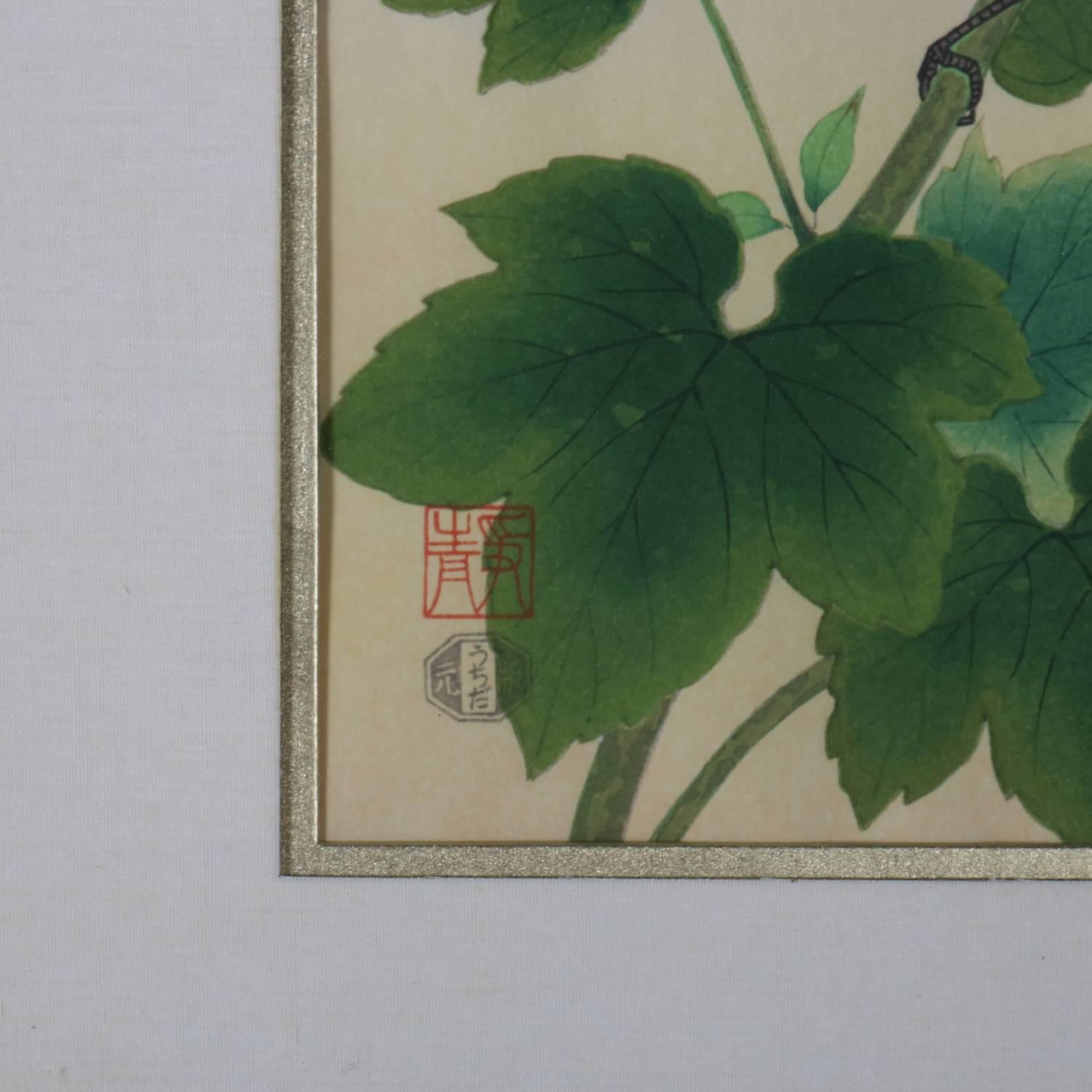 20th Century Pair of Ashikaga Shizuo Japanese Floral Wood Block Prints, Signed, circa 1950