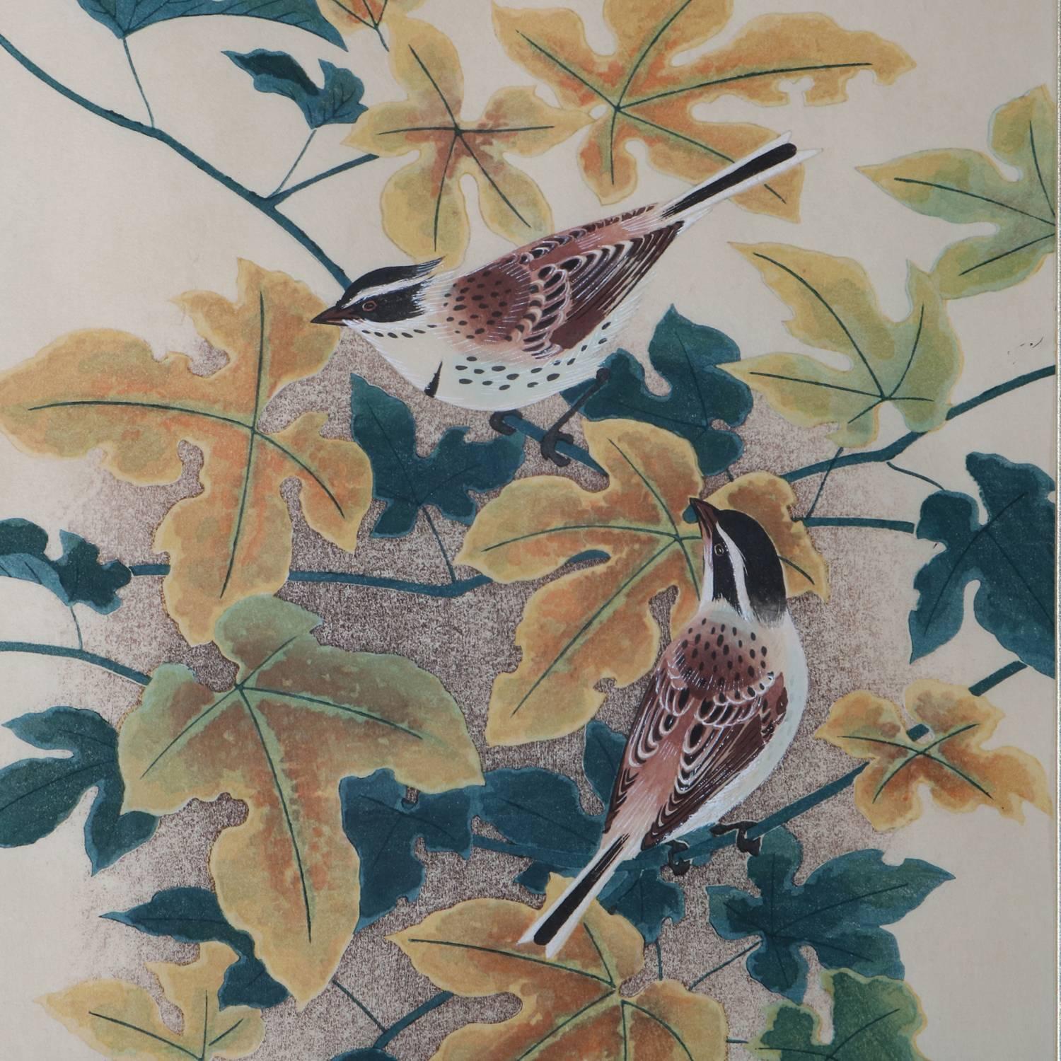Vintage Pair of Ashikaga Shizuo Japanese floral and avian wood block prints "Birds & Maple" & "Two Sparrows on a Flowering Branch"

Measures - fr: 22" h x 16" w x 1" d, los: 1.5" h x 10" w