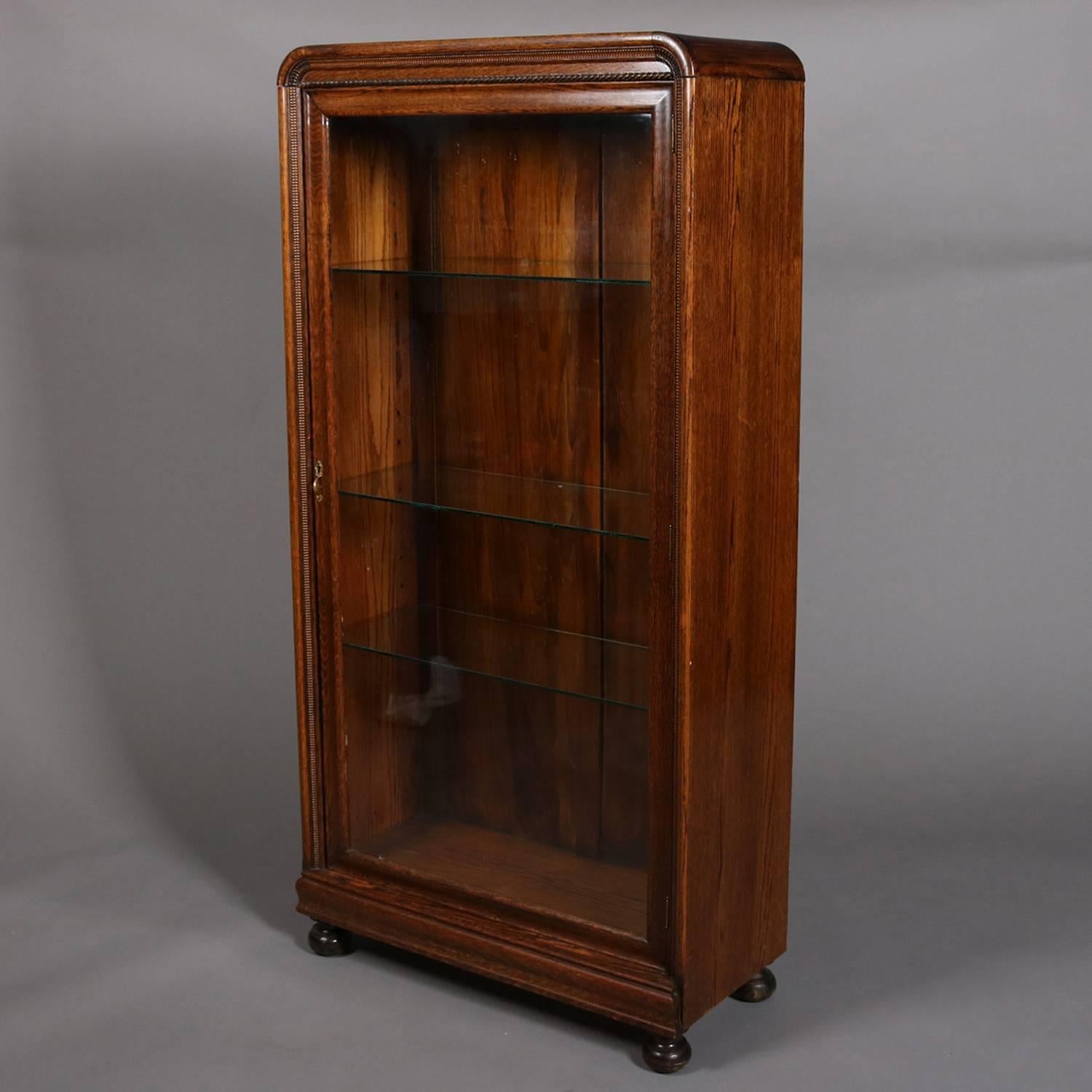 Antique Oak Single Glass Door Closed Display Cabinet, Ball Feet, 20th Century In Good Condition In Big Flats, NY