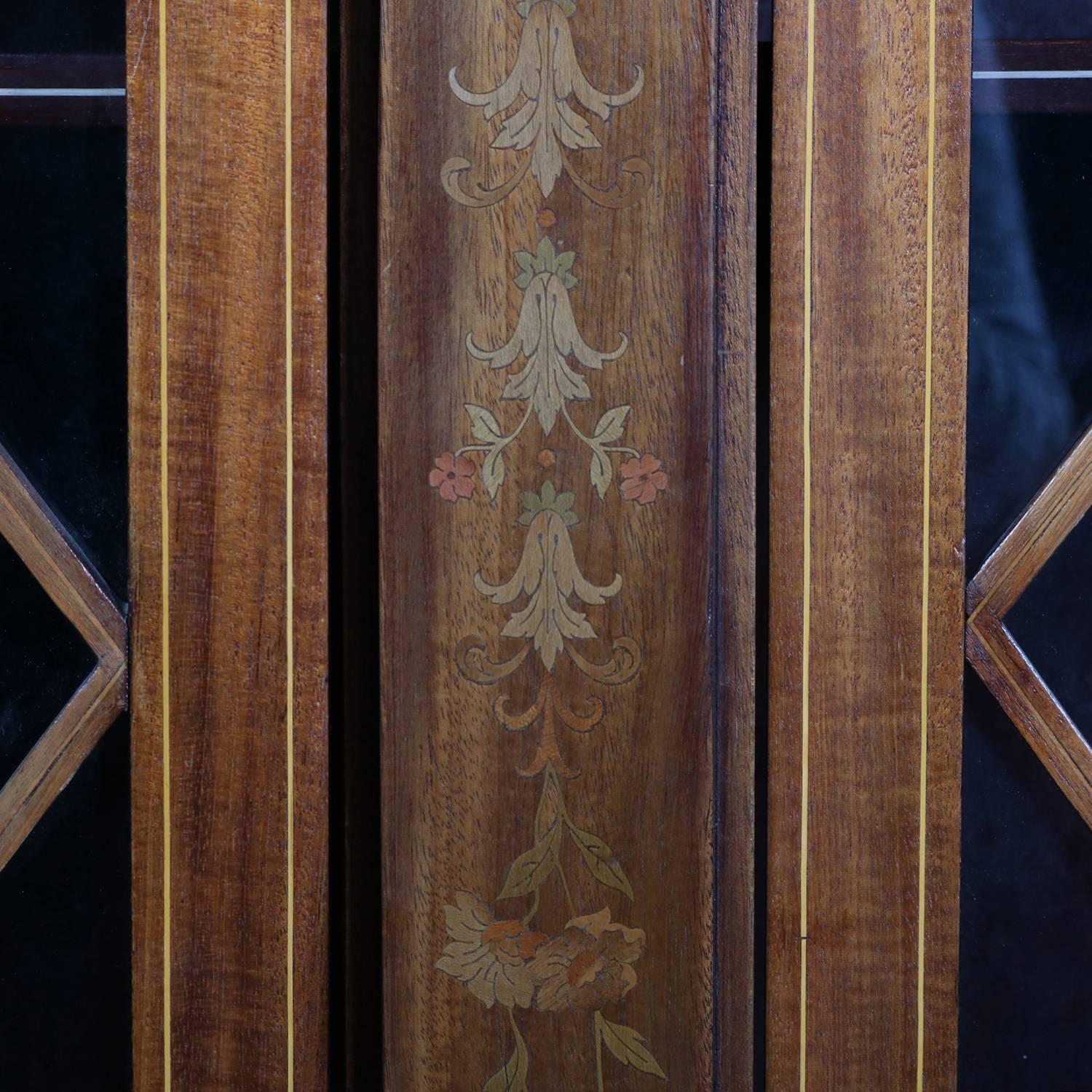 Ebonized Satinwood Foliate Inlaid Mahogany Three-Door Closed Bookcase, Early 20th Century