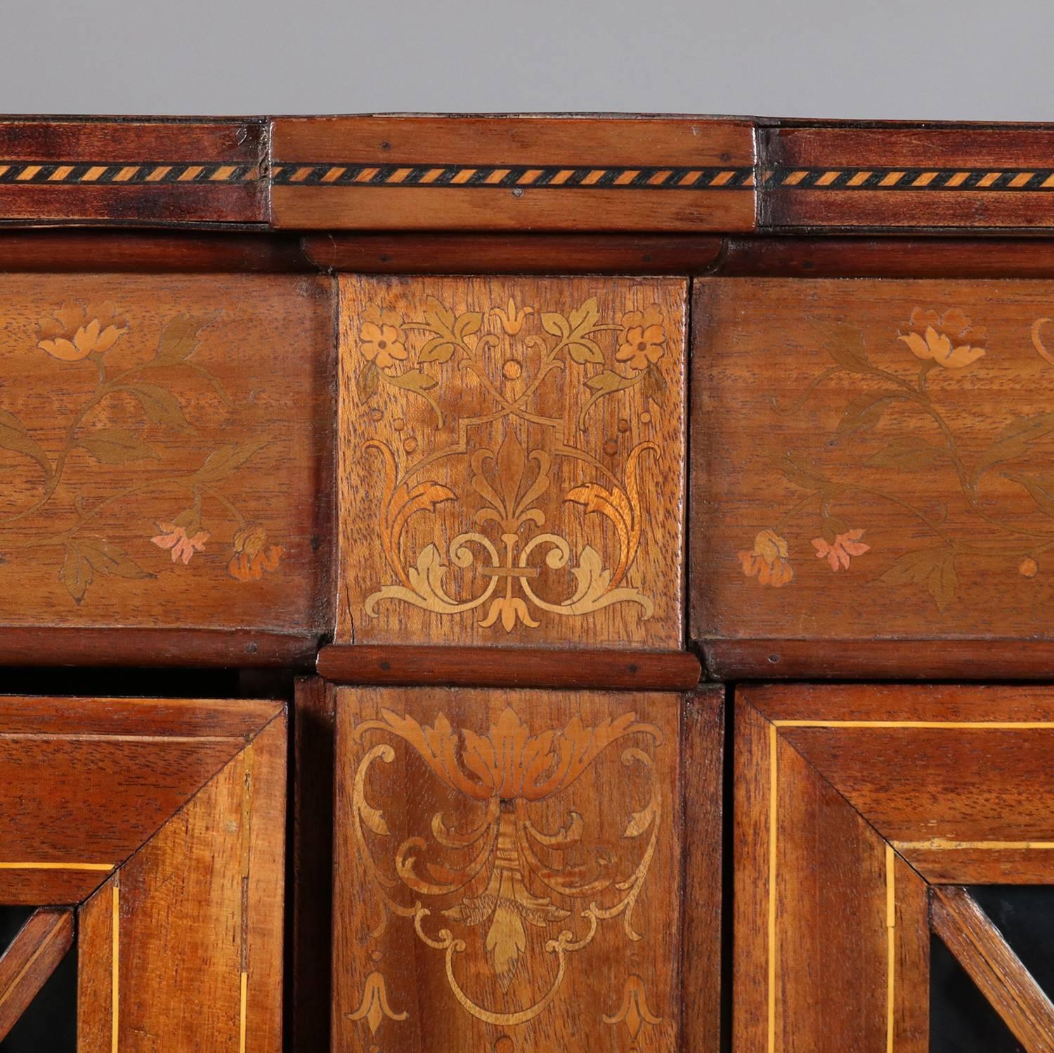 Satinwood Foliate Inlaid Mahogany Three-Door Closed Bookcase, Early 20th Century In Good Condition In Big Flats, NY