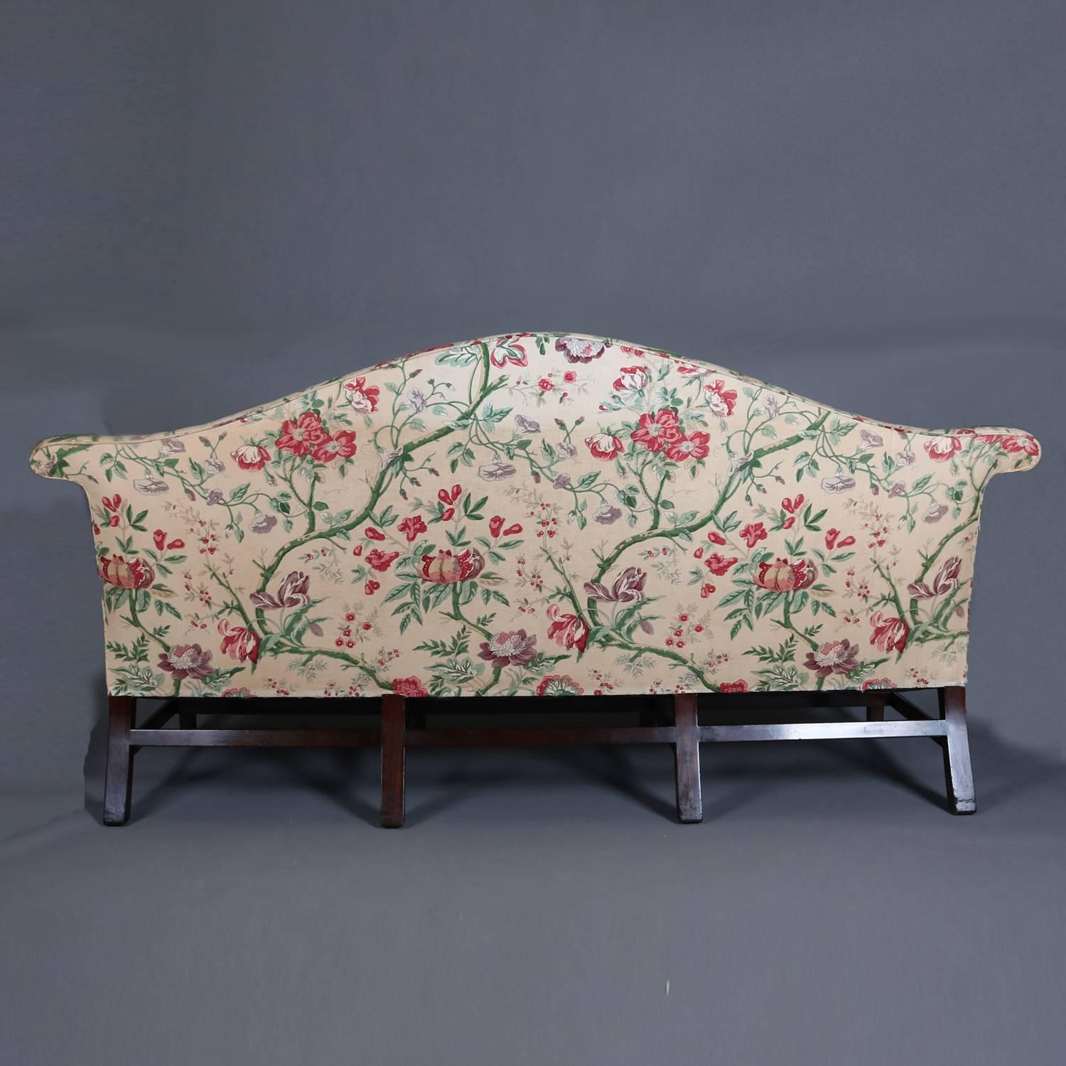 Upholstery Antique Sheraton Floral Chintz Upholstered Camel Back Sofa, 20th Century