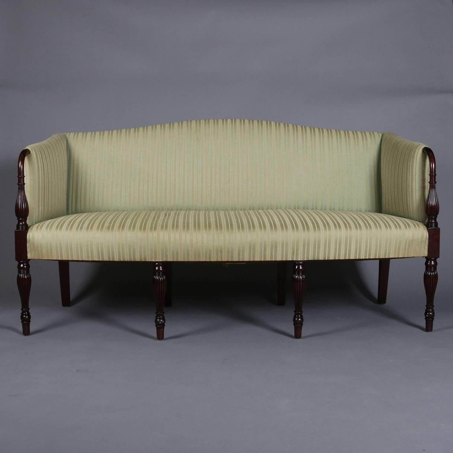 American Antique Sheraton Mahogany Camel Back Upholstered Sofa, 20th Century
